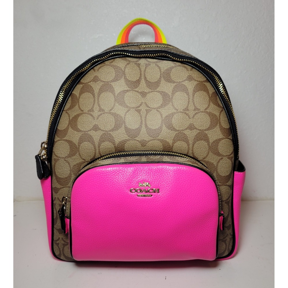 Coach Signature Backpack Brown Khaki Hot Pink Leather School Travel Bag